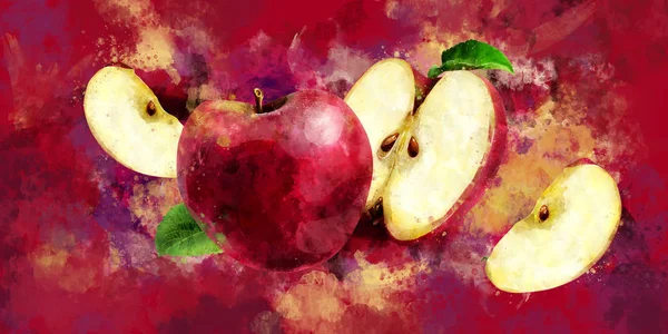 Roter Apfel auf dunkelrotem Hintergrund. Aquarellillustration — Stockfoto