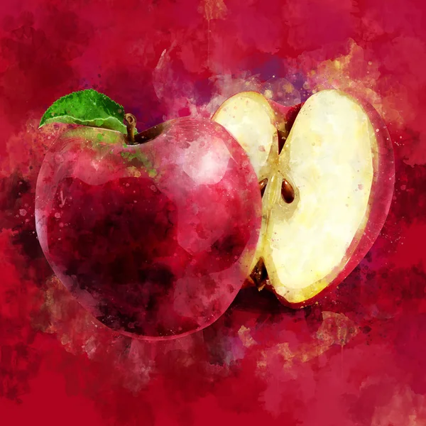 Manzana roja sobre fondo rojo oscuro. Ilustración en acuarela —  Fotos de Stock