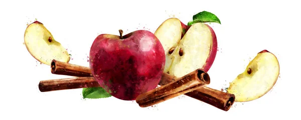 Canela aquarela e maçãs vermelhas sobre fundo branco — Fotografia de Stock