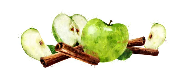 Canela aquarela e maçãs verdes sobre fundo branco — Fotografia de Stock