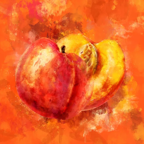 オレンジ色の背景に桃。水彩イラスト — ストック写真