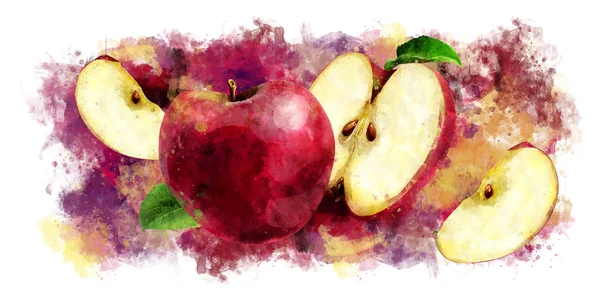 Manzana roja sobre fondo blanco. Ilustración en acuarela —  Fotos de Stock