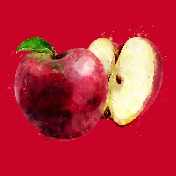 Rött äpple på mörk röd bakgrund. Akvarell illustration — Stockfoto