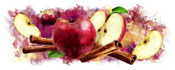 Akvarell és a fahéj, a piros alma, fehér háttér — Stock Fotó