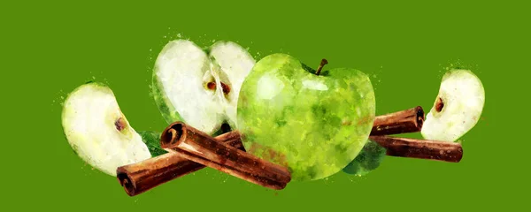 Canela aquarela e maçãs verdes no fundo verde — Fotografia de Stock