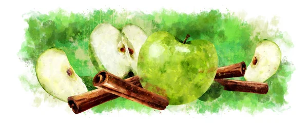 Akvarell fahéj és a zöld alma, fehér háttér — Stock Fotó