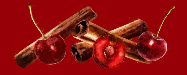 Watercolor cinnamon and cherry on red background — Free Stock Photo