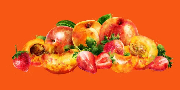 Morela, brzoskwinia i truskawka na pomarańczowym tle. Akwarela, ilustracja — Zdjęcie stockowe