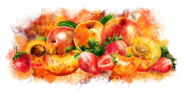 Абрикос, персик и клубника на белом фоне. Акварель — стоковое фото
