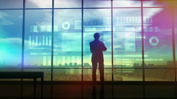 Silhouette of a trader in the office before infographics — Stock Photo, Image