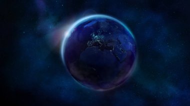 Afrika, Avrupa ve Asya'yı gösteren uzaydan Dünya'nın gece yarısı.