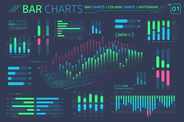 Staafdiagrammen, kolomdiagrammen en histogrammen infographic-elementen — Stockvector