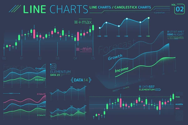 Vonalas grafikonok és a terület grafikonok infographic elemek — Stock Vector