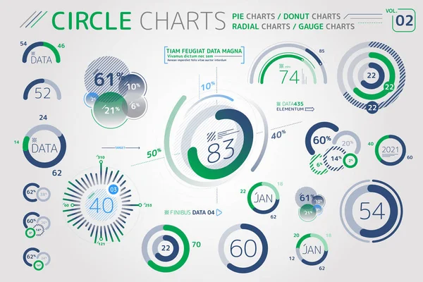 Kruhové grafy, výsečové grafy, diagramy Donut a Paprskové grafy Infografické prvky — Stockový vektor