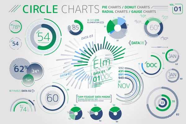 Kruhové grafy, výsečové grafy, Paprskové grafy a grafy měřidla Infografické prvky — Stockový vektor