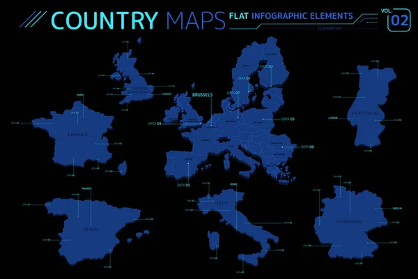 Pro Evropu, Spojené království, Francii, Španělsko, Itálii, Portugalsko a německé vektorové mapy — Stockový vektor