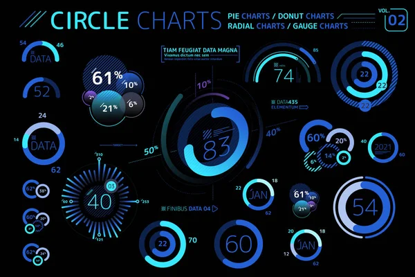 Kruhové grafy, výsečové grafy, prstencové grafy, radiální grafy a grafy měřidel Infographic Elements — Stockový vektor