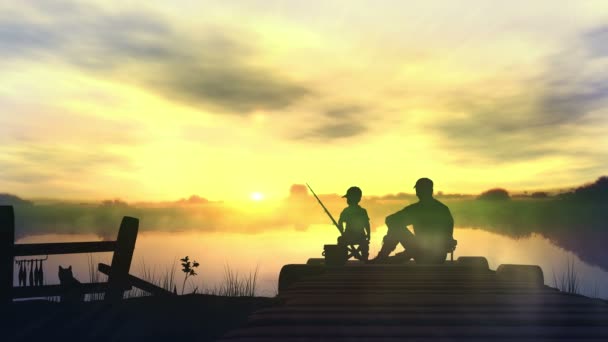 Vader met zoon in de ochtend vissen — Stockvideo
