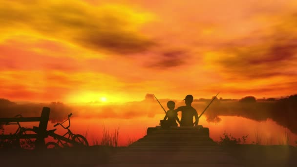 Двоє хлопчиків під час заходу сонця ловлять рибу — стокове відео