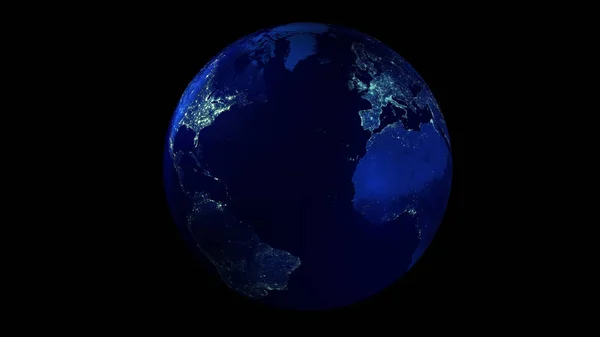 Nocna połowa ziemi z kosmosu ukazująca Amerykę Północną i Południową, Europę i Afrykę. — Zdjęcie stockowe