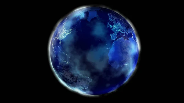 Nocna połowa ziemi z kosmosu ukazująca Amerykę Północną i Południową, Europę i Afrykę. — Zdjęcie stockowe