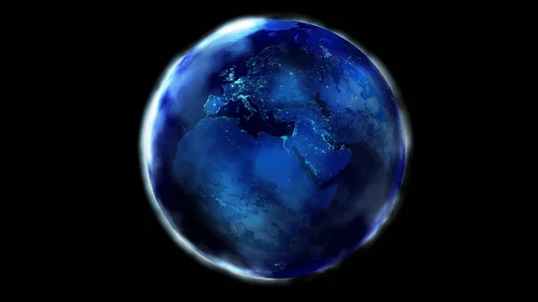 Nocna połowa ziemi z kosmosu ukazująca Afrykę, Europę i Azję. — Zdjęcie stockowe