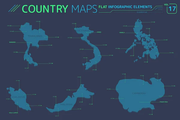 말레이시아, 베트남, 필리핀, 태국, 캄보디아 벡터 맵 — 스톡 벡터