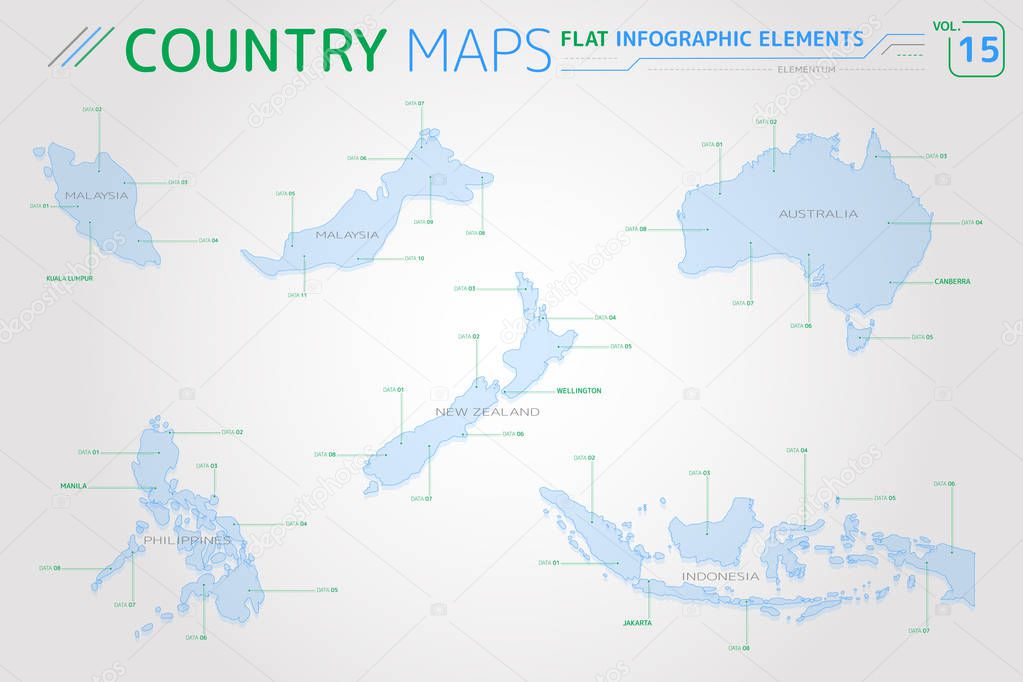 Malaysia, Indonesia, Australia, New Zealand and Philippines Vector Maps