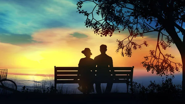 Couple sur un banc sous l'arbre regardant l'océan — Photo