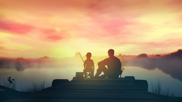 Père avec fils dans la matinée pêche à partir d'une jetée en bois — Photo