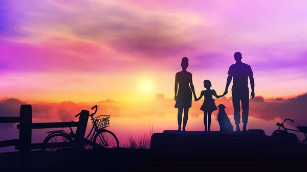 A család csodálja a naplemente a mólón után biciklizés — Stock Fotó