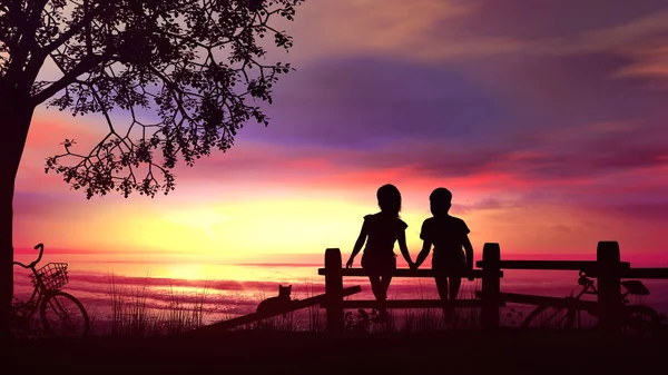 Un garçon et une fille assis sur la clôture contre le coucher de soleil lumineux de la mer — Photo
