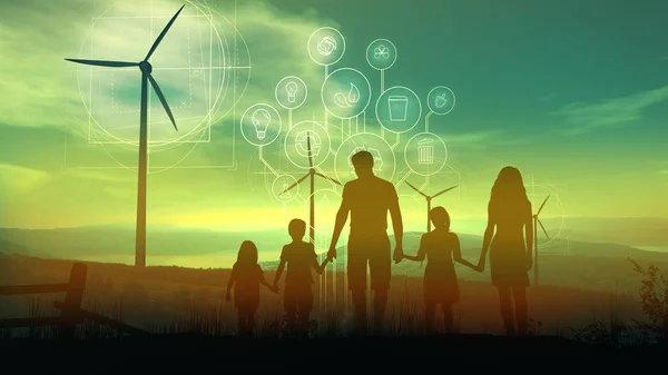 Family of five on the background of wind turbines and the environmental infographics
