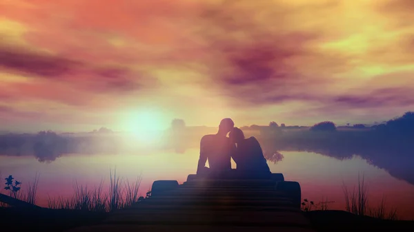 Gün batımında göl kenarında oturan sevgi dolu çift — Stok fotoğraf