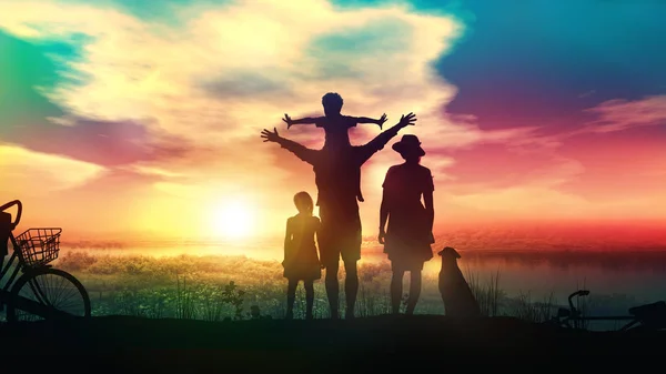 Család két gyermekével és egy kutyával a folyóparton naplementekor — Stock Fotó