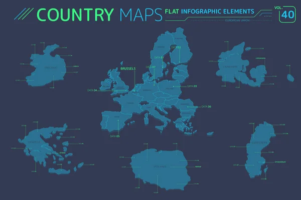 Evropská unie, Švédsko, Polsko, Řecko, Irsko a Dánsko – mapy vektorů — Stockový vektor
