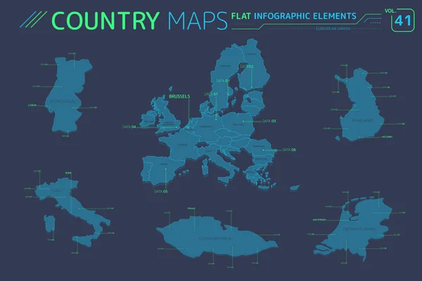 Unión Europea, Finlandia, República Checa, Países Bajos, Portugal e Italia Mapas — Vector de stock