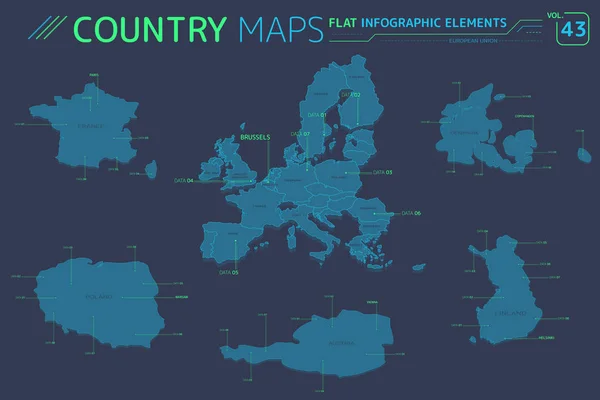 Unión Europea, Francia, Dinamarca, Finlandia, Polonia y Austria Vector Maps — Vector de stock