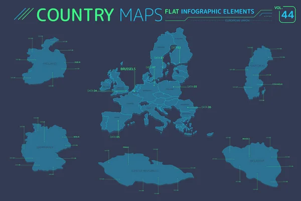 Mapy vektorů Evropské unie, Německa, České republiky, Švédska, Belgie a Irska — Stockový vektor