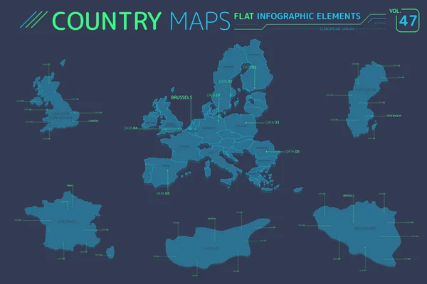Unión Europea, Reino Unido, Bélgica, Suecia, Chipre y Francia Vector Maps — Vector de stock