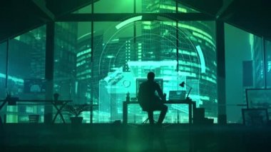 Sanal bir arayüz le çalışan bir ofiste bir adamın silueti.