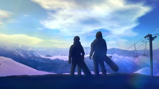 Ένα ζευγάρι χιονομπόρους να στέκονται στην πλαγιά. — Αρχείο Βίντεο