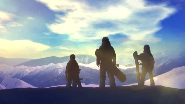 山の頂上のスノーボーダーの家族. — ストック動画