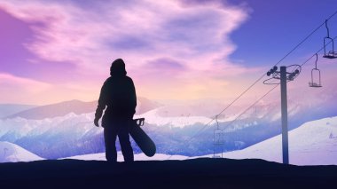 Snowboarder dağların üzerinde gün batımını izliyor.