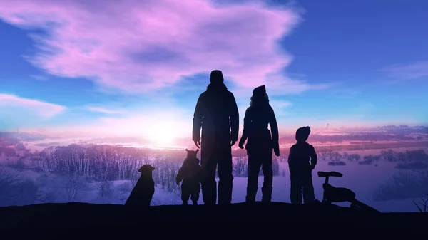 Familia cu doi copii și un câine călărește toboganele de iarnă seara . — Fotografie, imagine de stoc