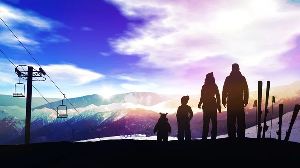 Rodzina na stoku narciarskim o zachodzie słońca. — Zdjęcie stockowe