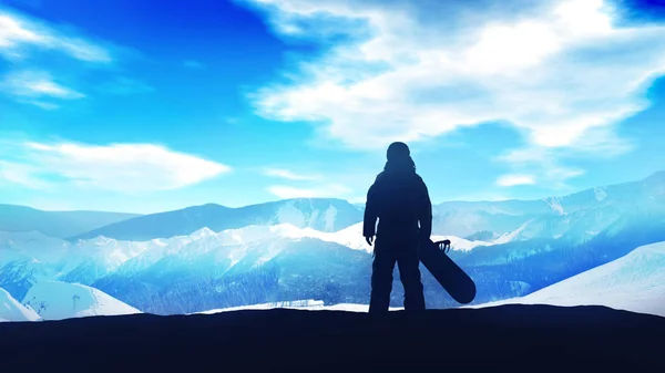 Dark silhouette of a snowboarder on a background of snowy mountains. — Free Stock Photo