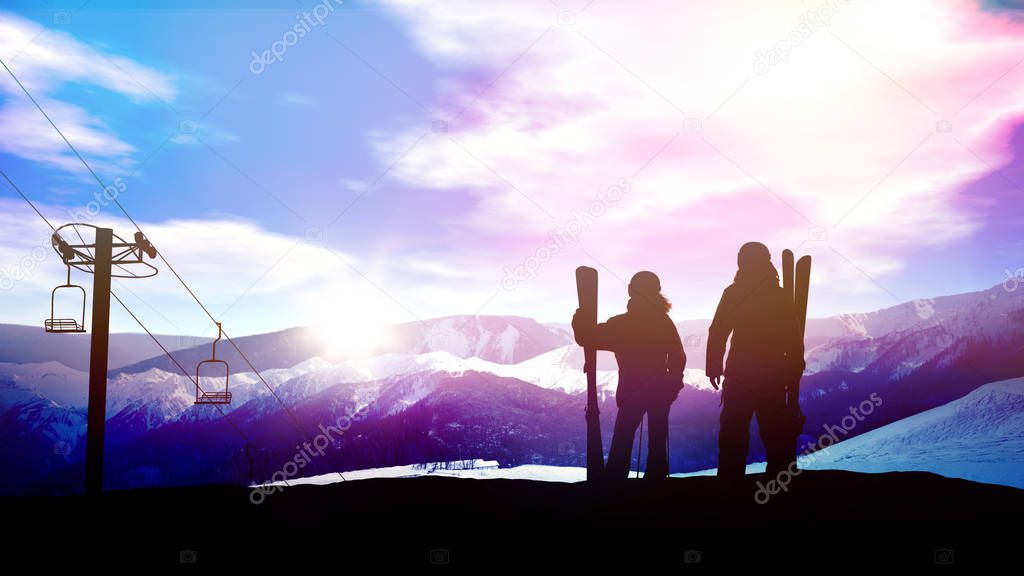 Skiers stand on a snowy mountainside.