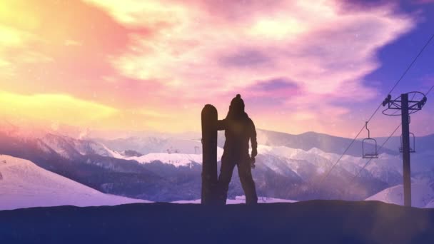 Σνόουμπορντ σε φόντο το ηλιοβασίλεμα στα βουνά. — Αρχείο Βίντεο
