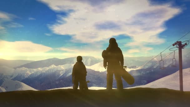 Famiglia con snowboard in cima alla montagna . — Video Stock